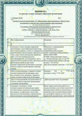 Выписка из реестра членов саморегулируемой организации, дающая право  на осуществление проектной деятельности Лист 1
